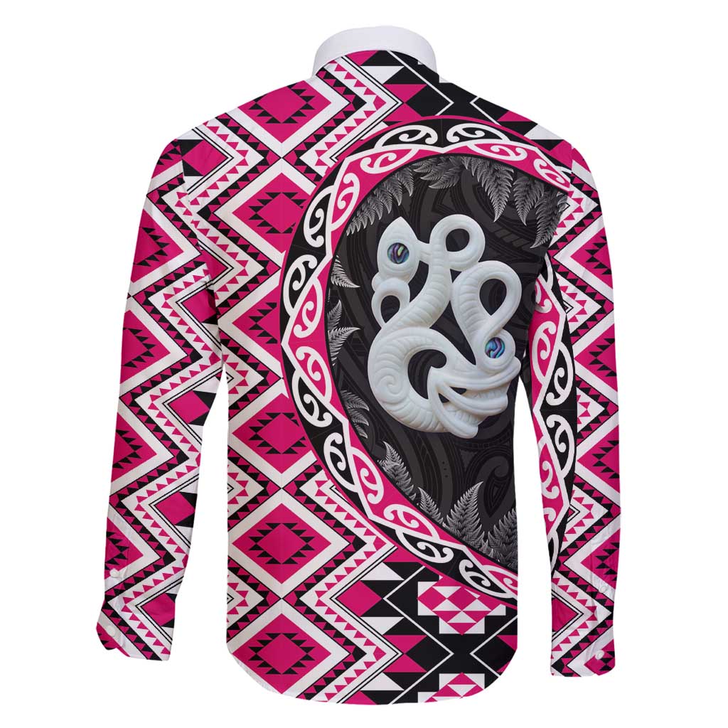 Pink Taniko Motif Aotearoa Manaia and Silver Fern Family Matching Summer Maxi Dress and Hawaiian Shirt LT03 - Polynesian Pride