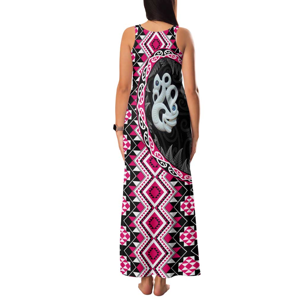 Pink Taniko Motif Aotearoa Manaia and Silver Fern Family Matching Tank Maxi Dress and Hawaiian Shirt LT03 - Polynesian Pride