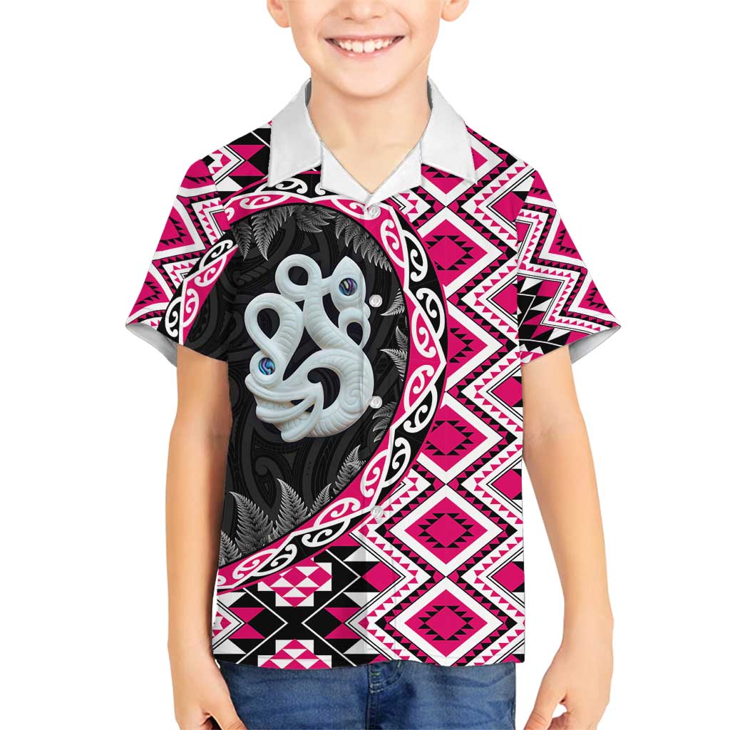 Pink Taniko Motif Aotearoa Manaia and Silver Fern Family Matching Tank Maxi Dress and Hawaiian Shirt LT03 Son's Shirt Pink - Polynesian Pride