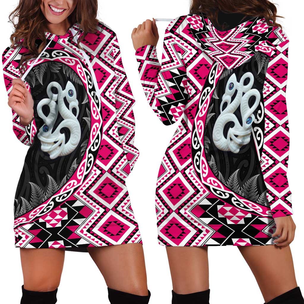 Pink Taniko Motif Aotearoa Manaia and Silver Fern Hoodie Dress LT03 - Polynesian Pride