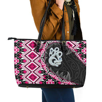 Pink Taniko Motif Aotearoa Manaia and Silver Fern Leather Tote Bag