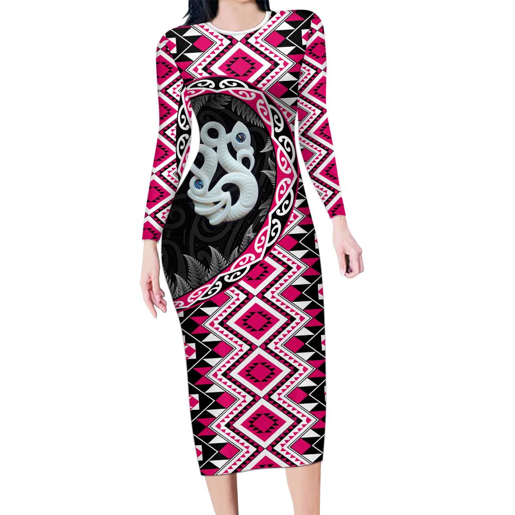 Pink Taniko Motif Aotearoa Manaia and Silver Fern Long Sleeve Bodycon Dress LT03 Long Dress Pink - Polynesian Pride