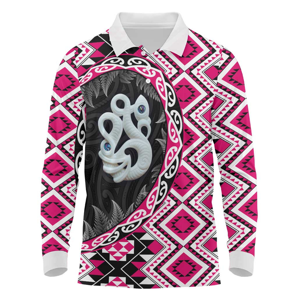 Pink Taniko Motif Aotearoa Manaia and Silver Fern Long Sleeve Polo Shirt LT03 Pink - Polynesian Pride