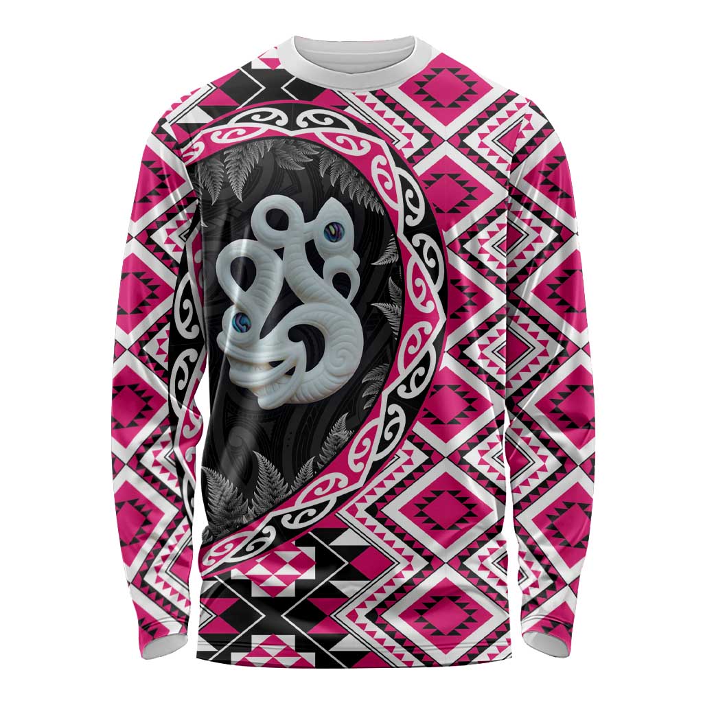 Pink Taniko Motif Aotearoa Manaia and Silver Fern Long Sleeve Shirt