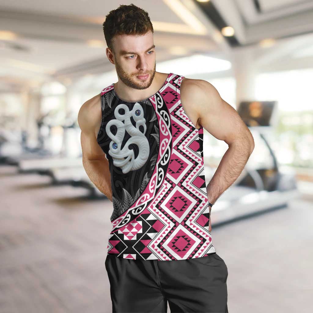 Pink Taniko Motif Aotearoa Manaia and Silver Fern Men Tank Top LT03 Pink - Polynesian Pride