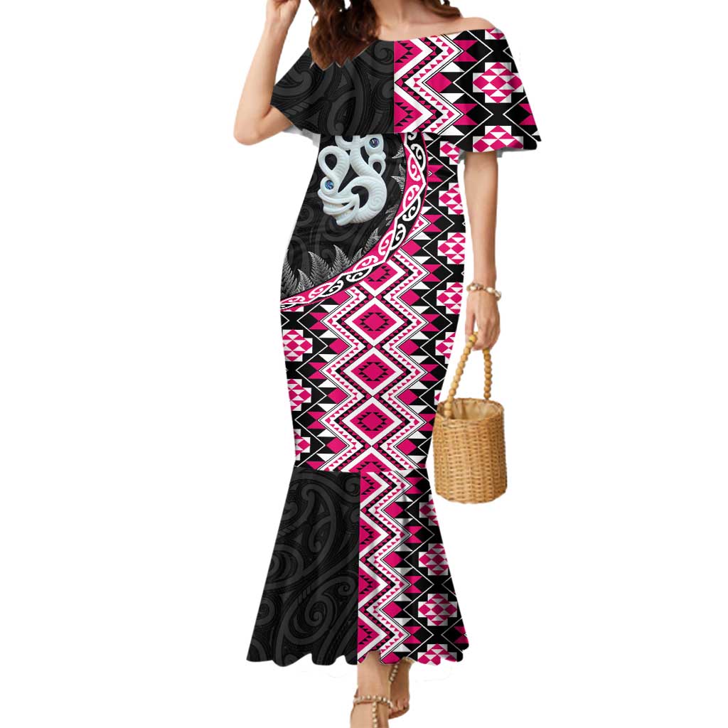 Pink Taniko Motif Aotearoa Manaia and Silver Fern Mermaid Dress LT03 Women Pink - Polynesian Pride