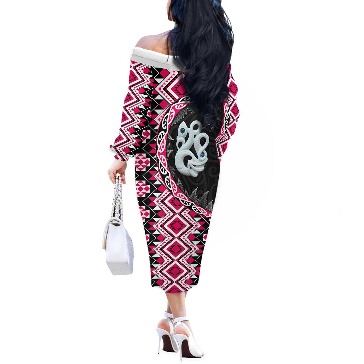 Pink Taniko Motif Aotearoa Manaia and Silver Fern Off The Shoulder Long Sleeve Dress LT03 - Polynesian Pride