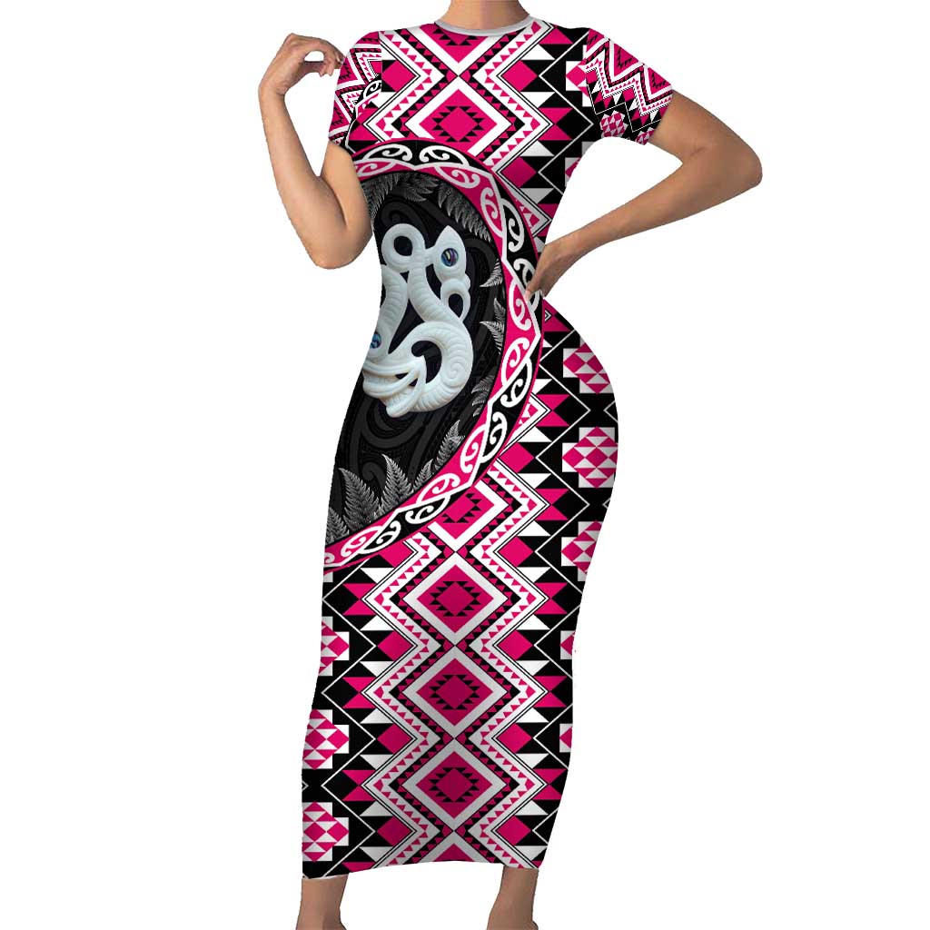 Pink Taniko Motif Aotearoa Manaia and Silver Fern Short Sleeve Bodycon Dress LT03 Long Dress Pink - Polynesian Pride