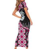 Pink Taniko Motif Aotearoa Manaia and Silver Fern Short Sleeve Bodycon Dress LT03 - Polynesian Pride
