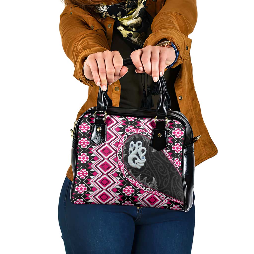 Pink Taniko Motif Aotearoa Manaia and Silver Fern Shoulder Handbag LT03 One Size Pink - Polynesian Pride