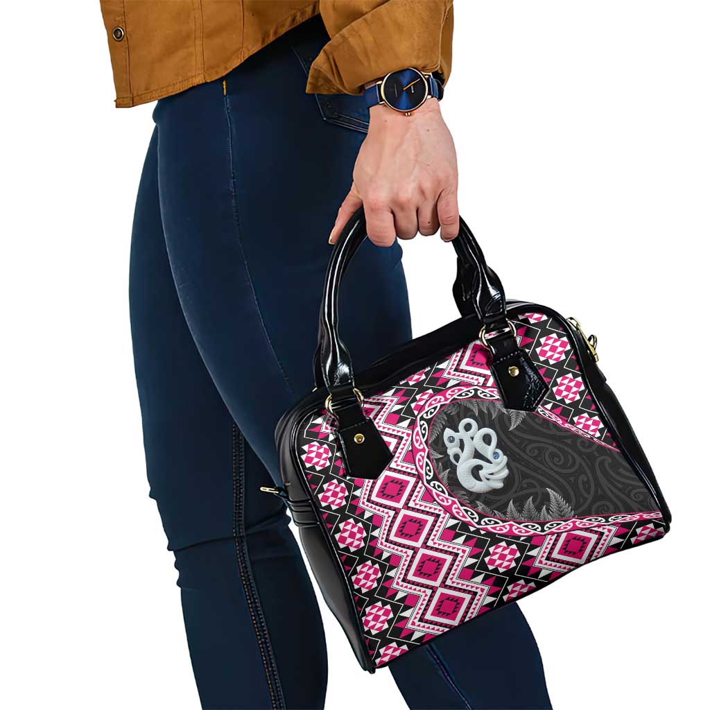 Pink Taniko Motif Aotearoa Manaia and Silver Fern Shoulder Handbag LT03 - Polynesian Pride