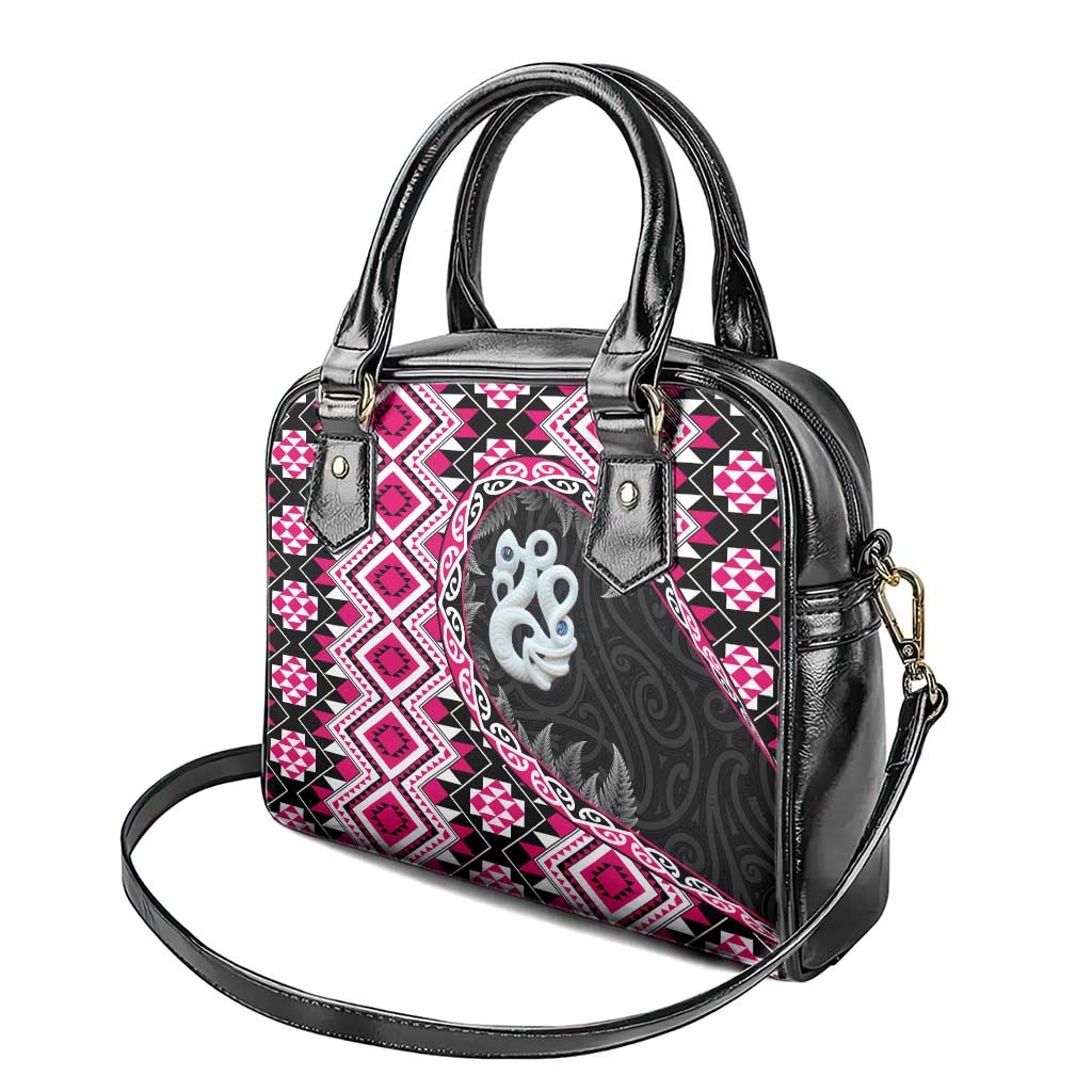 Pink Taniko Motif Aotearoa Manaia and Silver Fern Shoulder Handbag LT03 - Polynesian Pride