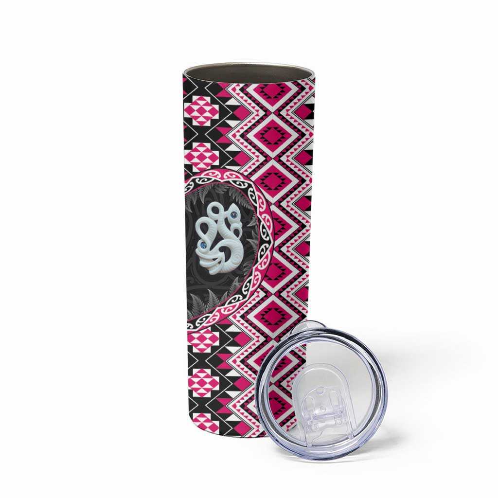 Pink Taniko Motif Aotearoa Manaia and Silver Fern Skinny Tumbler LT03 - Polynesian Pride