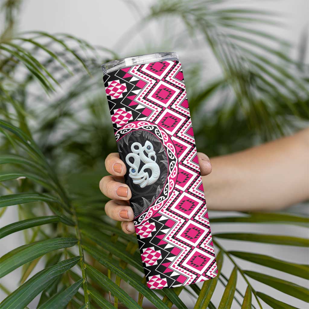 Pink Taniko Motif Aotearoa Manaia and Silver Fern Skinny Tumbler LT03 - Polynesian Pride