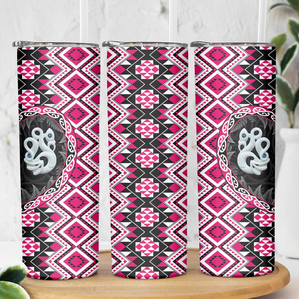 Pink Taniko Motif Aotearoa Manaia and Silver Fern Skinny Tumbler LT03 - Polynesian Pride