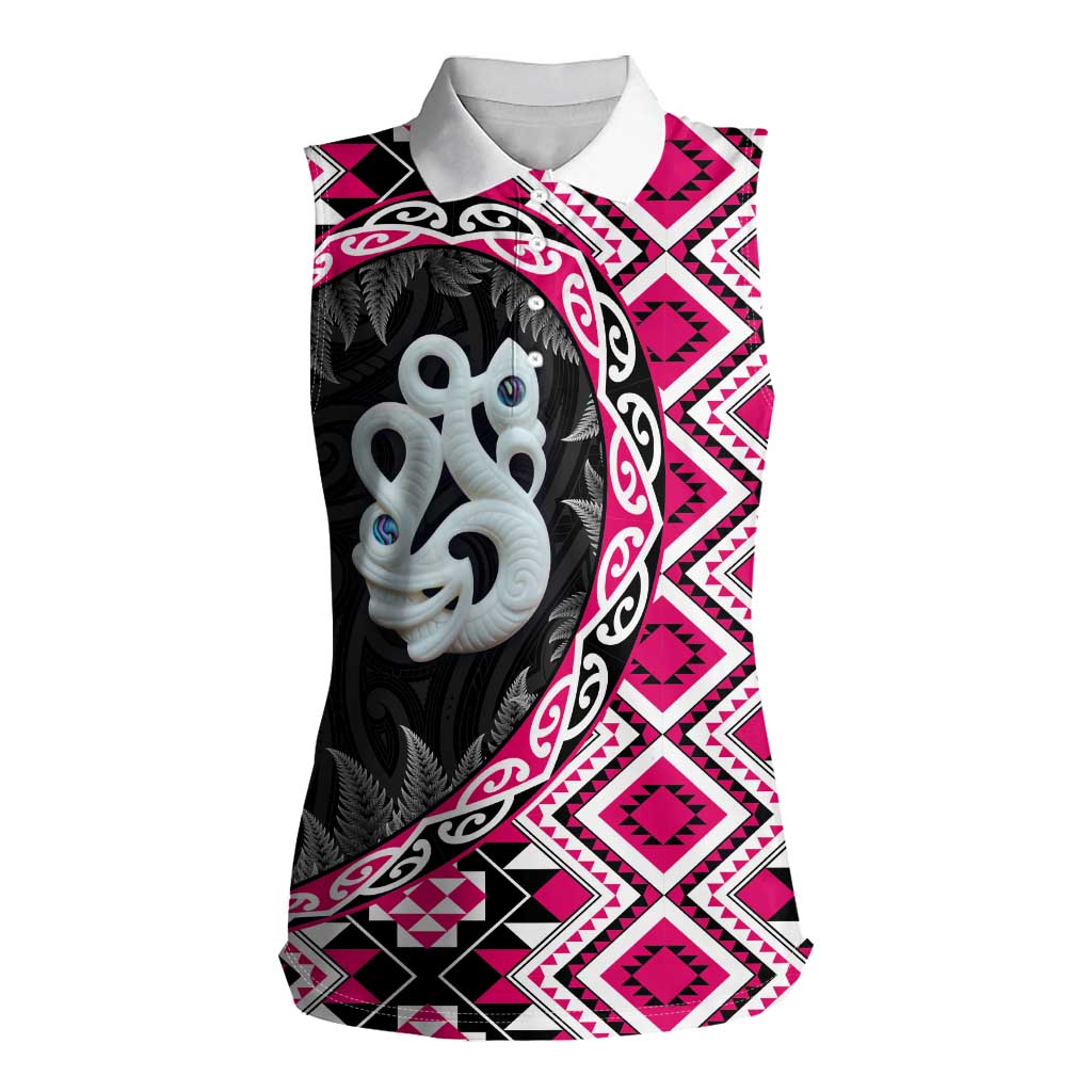 Pink Taniko Motif Aotearoa Manaia and Silver Fern Women Sleeveless Polo Shirt LT03 Female Pink - Polynesian Pride
