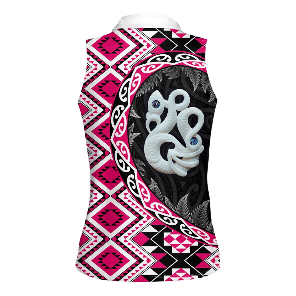 Pink Taniko Motif Aotearoa Manaia and Silver Fern Women Sleeveless Polo Shirt LT03 - Polynesian Pride