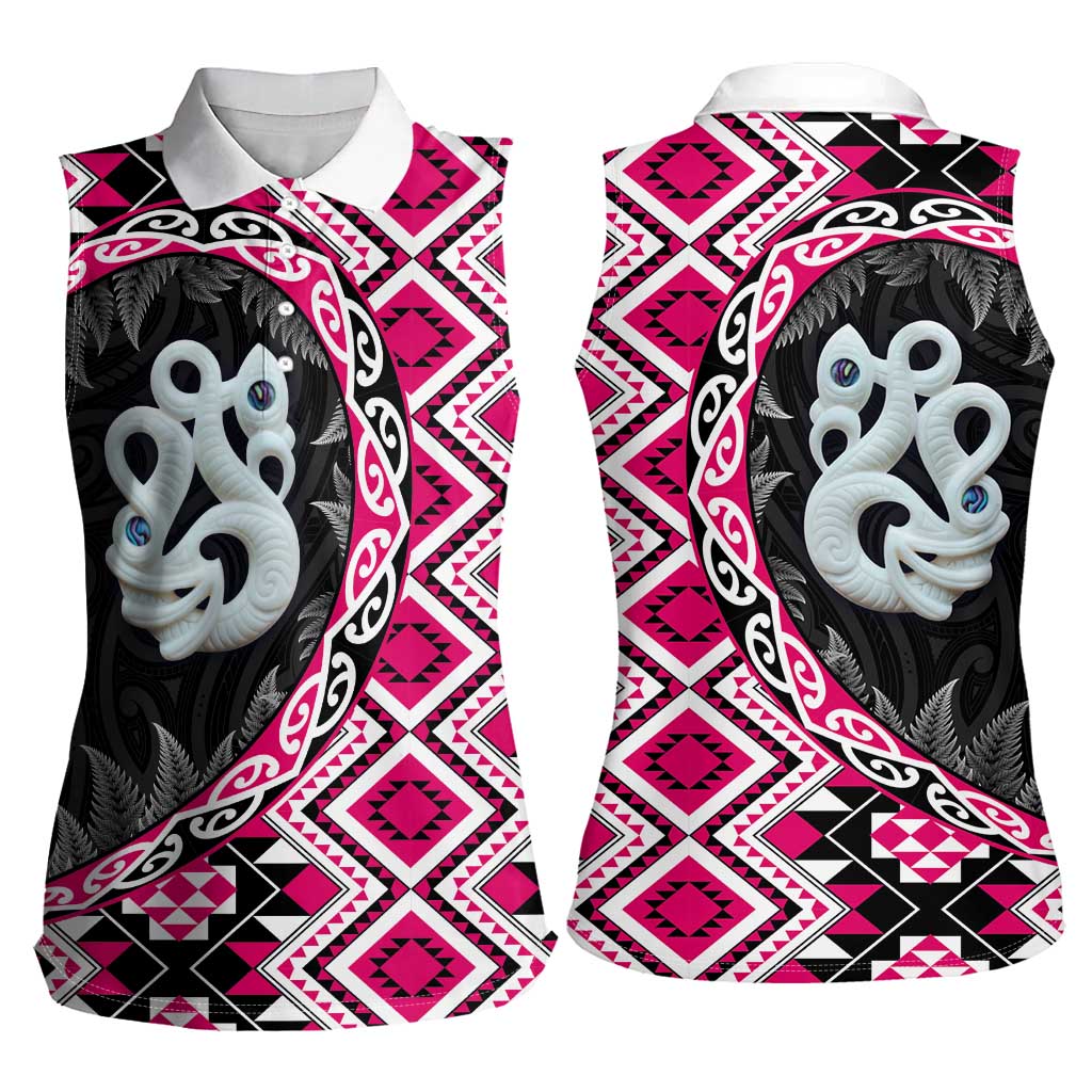 Pink Taniko Motif Aotearoa Manaia and Silver Fern Women Sleeveless Polo Shirt LT03 - Polynesian Pride