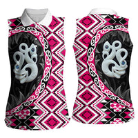 Pink Taniko Motif Aotearoa Manaia and Silver Fern Women Sleeveless Polo Shirt LT03 - Polynesian Pride