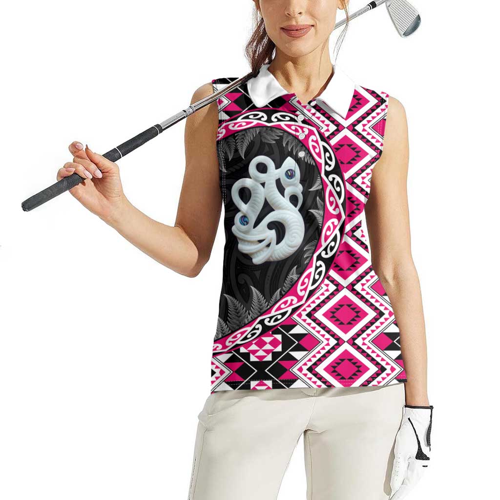 Pink Taniko Motif Aotearoa Manaia and Silver Fern Women Sleeveless Polo Shirt LT03 - Polynesian Pride