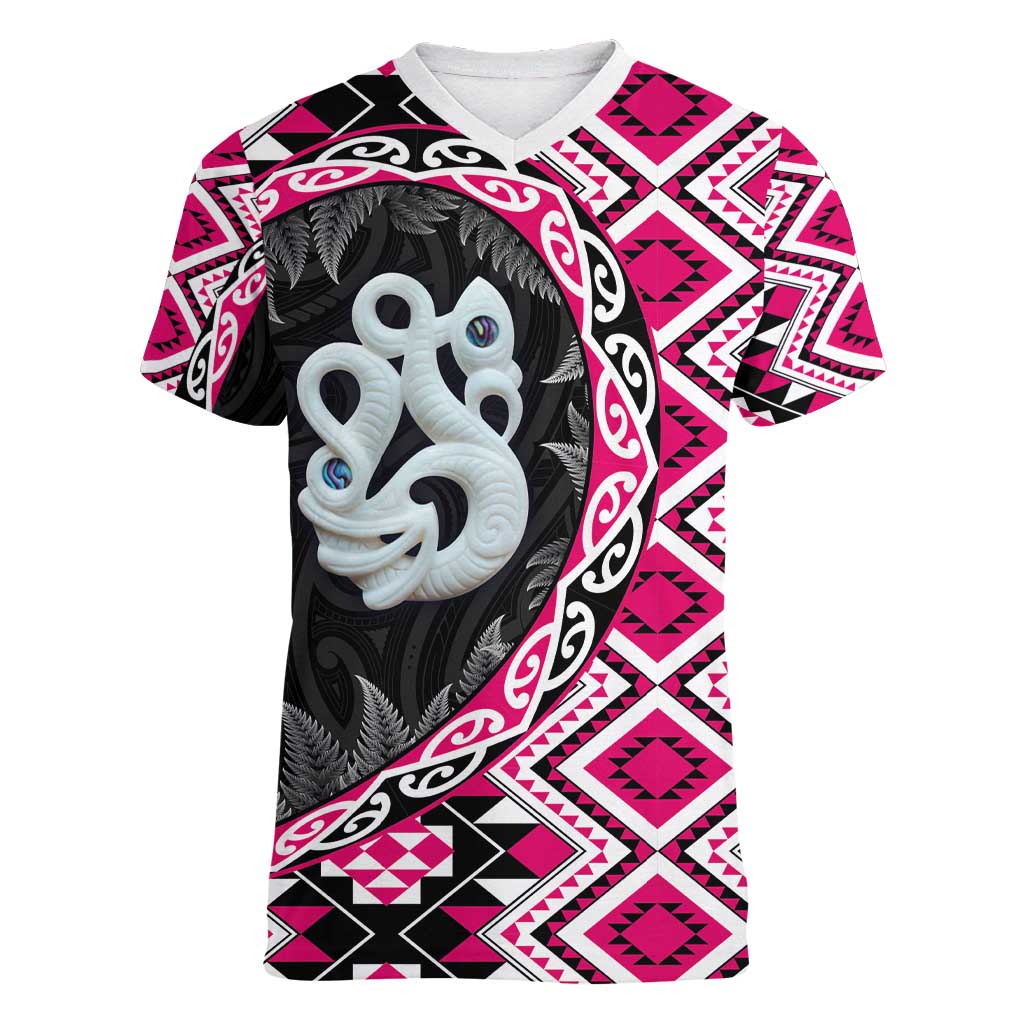 Pink Taniko Motif Aotearoa Manaia and Silver Fern Women V-Neck T-Shirt LT03 Female Pink - Polynesian Pride