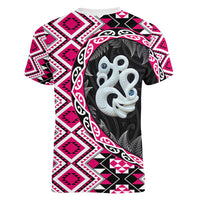 Pink Taniko Motif Aotearoa Manaia and Silver Fern Women V-Neck T-Shirt LT03 - Polynesian Pride