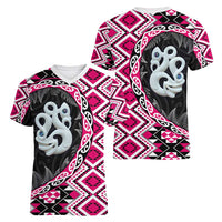 Pink Taniko Motif Aotearoa Manaia and Silver Fern Women V-Neck T-Shirt LT03 - Polynesian Pride