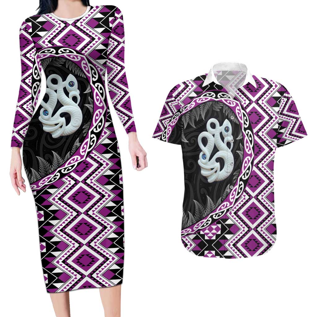 Purple Taniko Motif Aotearoa Manaia and Silver Fern Couples Matching Long Sleeve Bodycon Dress and Hawaiian Shirt LT03 Purple - Polynesian Pride