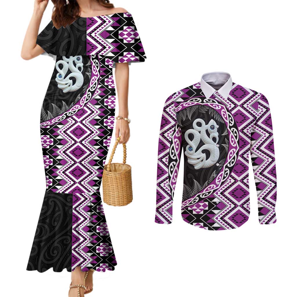 Purple Taniko Motif Aotearoa Manaia and Silver Fern Couples Matching Mermaid Dress and Long Sleeve Button Shirt LT03 Purple - Polynesian Pride