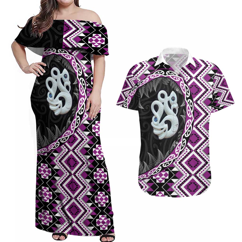 Purple Taniko Motif Aotearoa Manaia and Silver Fern Couples Matching Off Shoulder Maxi Dress and Hawaiian Shirt LT03 Purple - Polynesian Pride
