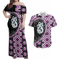 Purple Taniko Motif Aotearoa Manaia and Silver Fern Couples Matching Off Shoulder Maxi Dress and Hawaiian Shirt LT03 Purple - Polynesian Pride