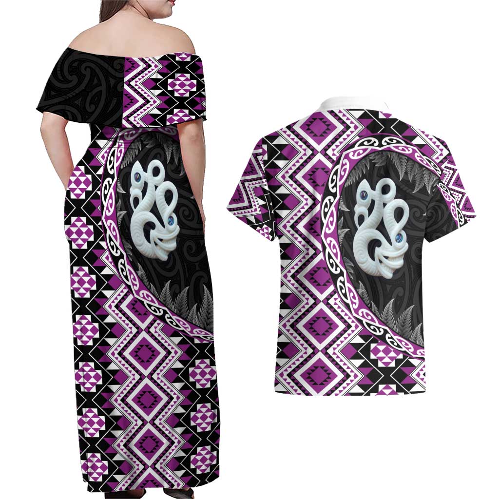 Purple Taniko Motif Aotearoa Manaia and Silver Fern Couples Matching Off Shoulder Maxi Dress and Hawaiian Shirt LT03 - Polynesian Pride