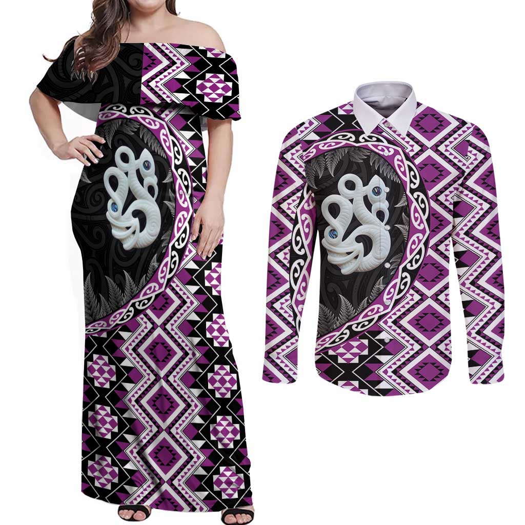 Purple Taniko Motif Aotearoa Manaia and Silver Fern Couples Matching Off Shoulder Maxi Dress and Long Sleeve Button Shirt LT03 Purple - Polynesian Pride