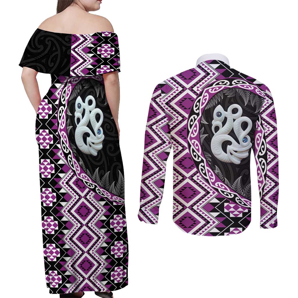 Purple Taniko Motif Aotearoa Manaia and Silver Fern Couples Matching Off Shoulder Maxi Dress and Long Sleeve Button Shirt LT03 - Polynesian Pride
