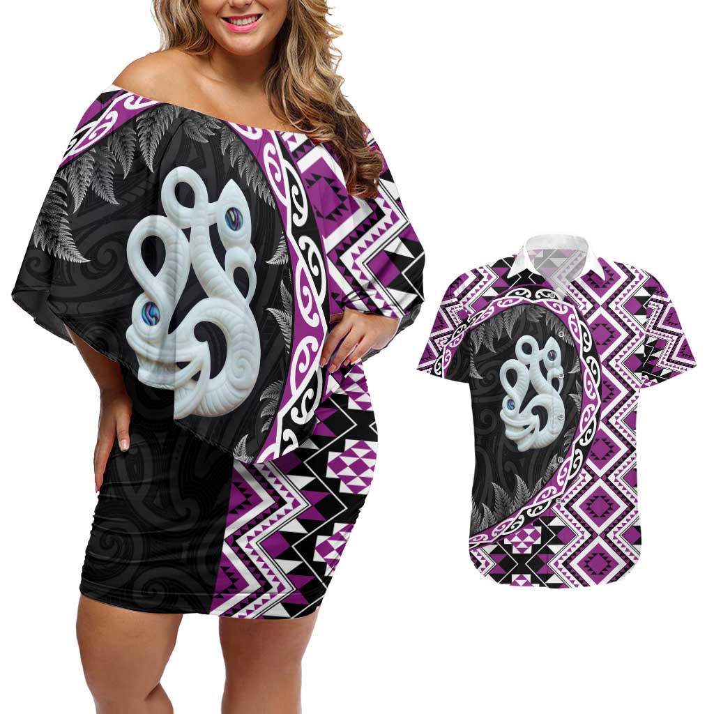 Purple Taniko Motif Aotearoa Manaia and Silver Fern Couples Matching Off Shoulder Short Dress and Hawaiian Shirt LT03 Purple - Polynesian Pride