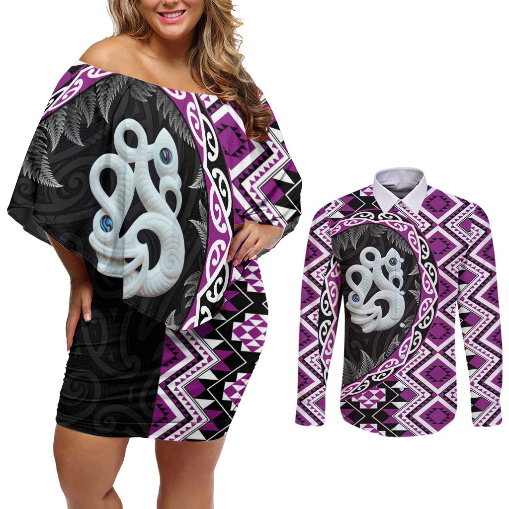 Purple Taniko Motif Aotearoa Manaia and Silver Fern Couples Matching Off Shoulder Short Dress and Long Sleeve Button Shirt LT03 Purple - Polynesian Pride