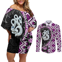 Purple Taniko Motif Aotearoa Manaia and Silver Fern Couples Matching Off Shoulder Short Dress and Long Sleeve Button Shirt LT03 Purple - Polynesian Pride