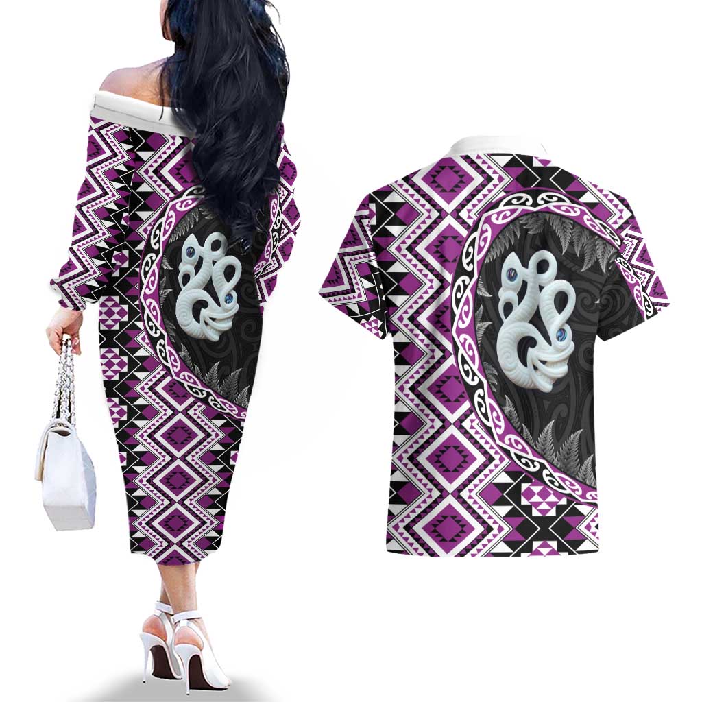 Purple Taniko Motif Aotearoa Manaia and Silver Fern Couples Matching Off The Shoulder Long Sleeve Dress and Hawaiian Shirt LT03 - Polynesian Pride