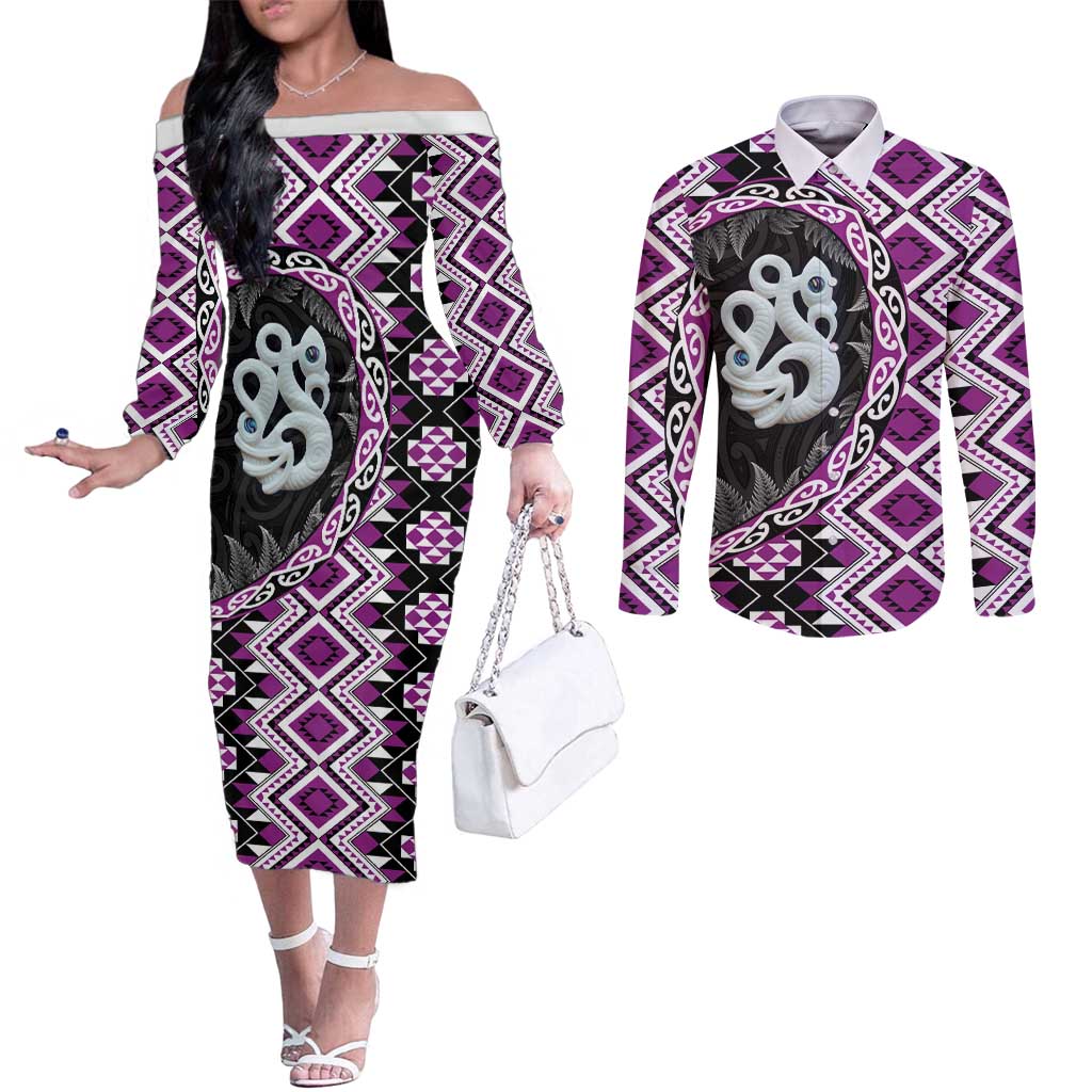 Purple Taniko Motif Aotearoa Manaia and Silver Fern Couples Matching Off The Shoulder Long Sleeve Dress and Long Sleeve Button Shirt LT03 Purple - Polynesian Pride