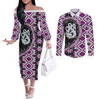 Purple Taniko Motif Aotearoa Manaia and Silver Fern Couples Matching Off The Shoulder Long Sleeve Dress and Long Sleeve Button Shirt LT03 Purple - Polynesian Pride