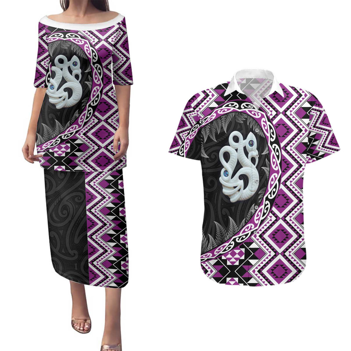 Purple Taniko Motif Aotearoa Manaia and Silver Fern Couples Matching Puletasi and Hawaiian Shirt LT03 Purple - Polynesian Pride