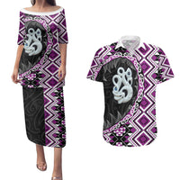 Purple Taniko Motif Aotearoa Manaia and Silver Fern Couples Matching Puletasi and Hawaiian Shirt LT03 Purple - Polynesian Pride