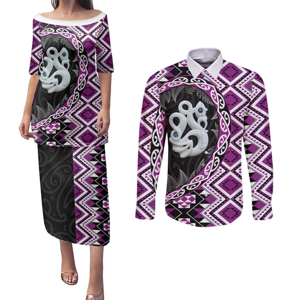 Purple Taniko Motif Aotearoa Manaia and Silver Fern Couples Matching Puletasi and Long Sleeve Button Shirt LT03 Purple - Polynesian Pride