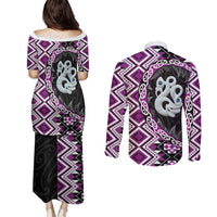 Purple Taniko Motif Aotearoa Manaia and Silver Fern Couples Matching Puletasi and Long Sleeve Button Shirt LT03 - Polynesian Pride
