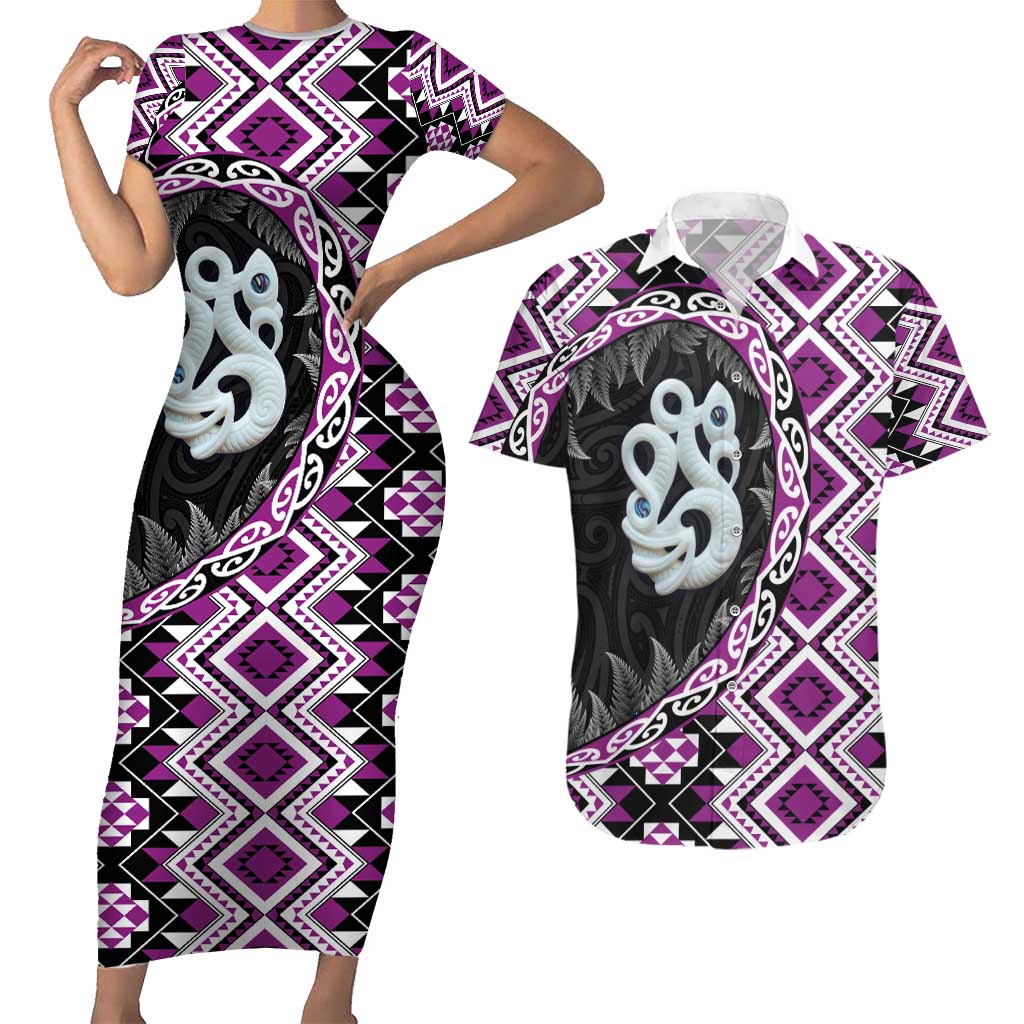 Purple Taniko Motif Aotearoa Manaia and Silver Fern Couples Matching Short Sleeve Bodycon Dress and Hawaiian Shirt LT03 Purple - Polynesian Pride
