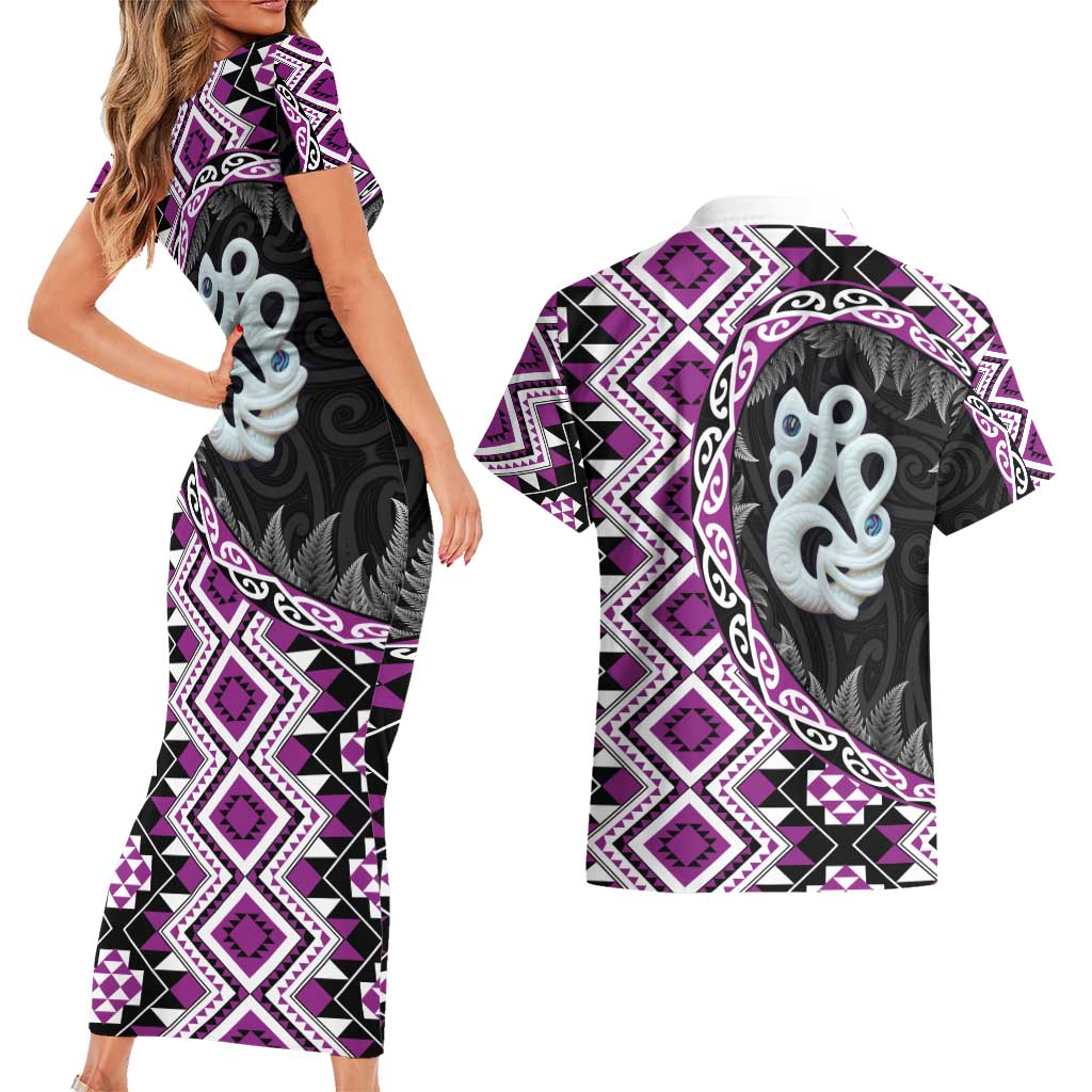 Purple Taniko Motif Aotearoa Manaia and Silver Fern Couples Matching Short Sleeve Bodycon Dress and Hawaiian Shirt LT03 - Polynesian Pride