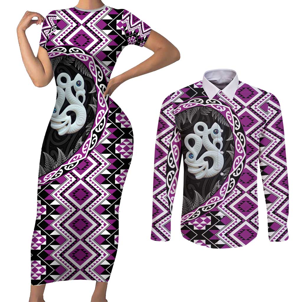 Purple Taniko Motif Aotearoa Manaia and Silver Fern Couples Matching Short Sleeve Bodycon Dress and Long Sleeve Button Shirt LT03 Purple - Polynesian Pride