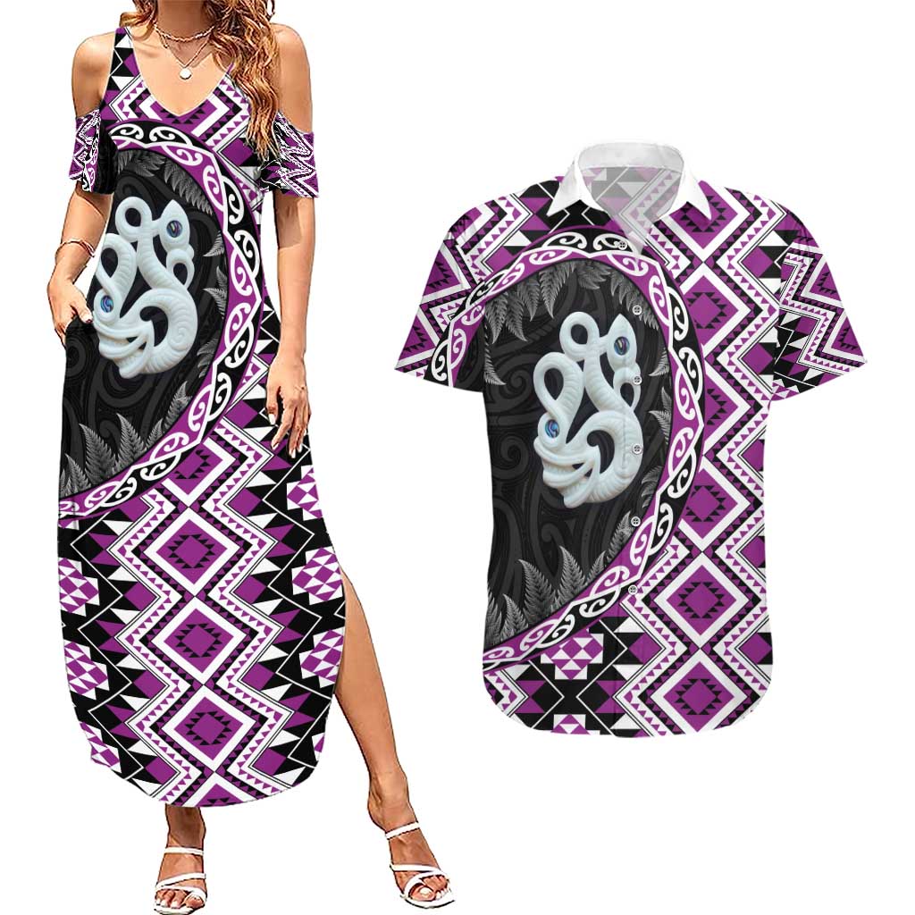 Purple Taniko Motif Aotearoa Manaia and Silver Fern Couples Matching Summer Maxi Dress and Hawaiian Shirt LT03 Purple - Polynesian Pride