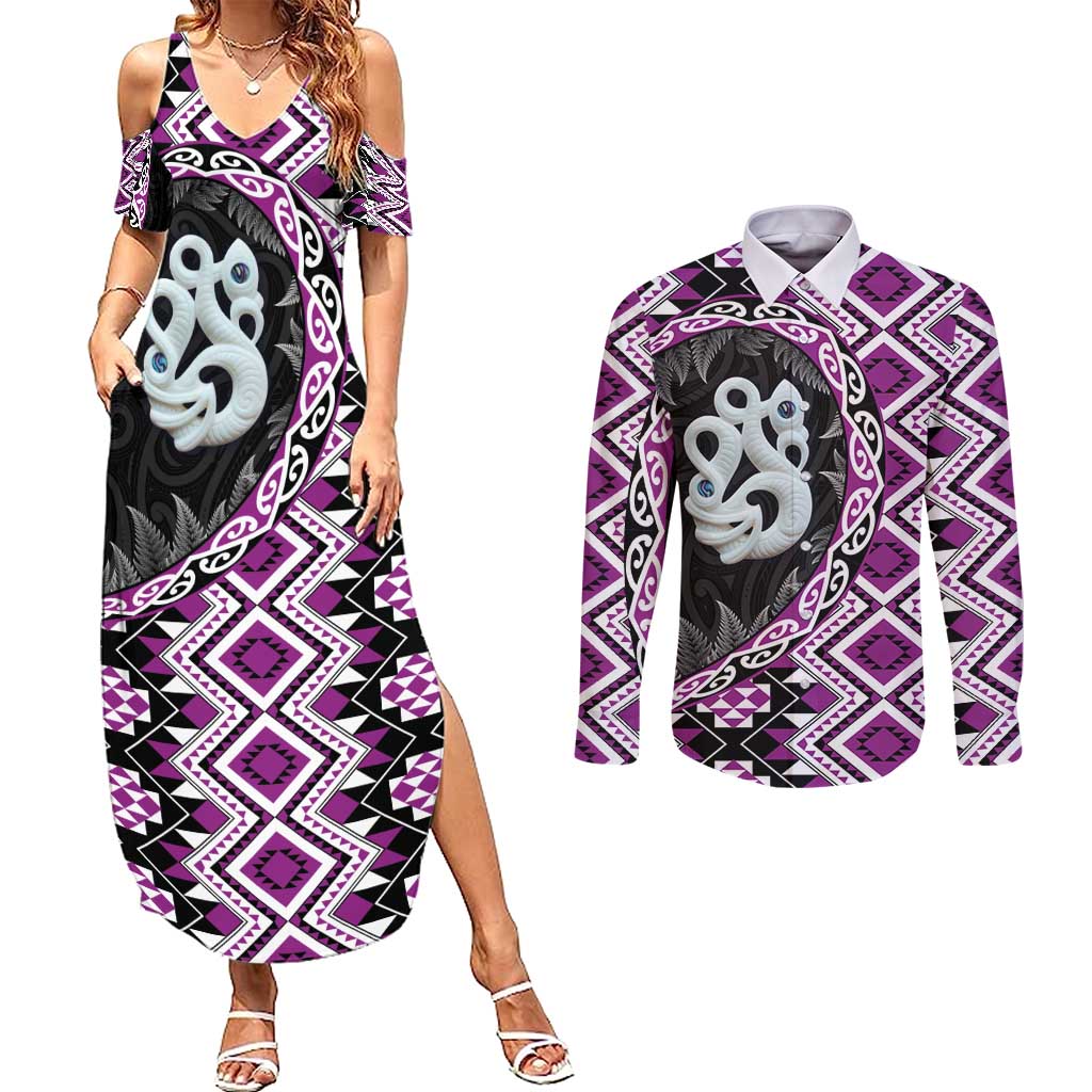 Purple Taniko Motif Aotearoa Manaia and Silver Fern Couples Matching Summer Maxi Dress and Long Sleeve Button Shirt LT03 Purple - Polynesian Pride