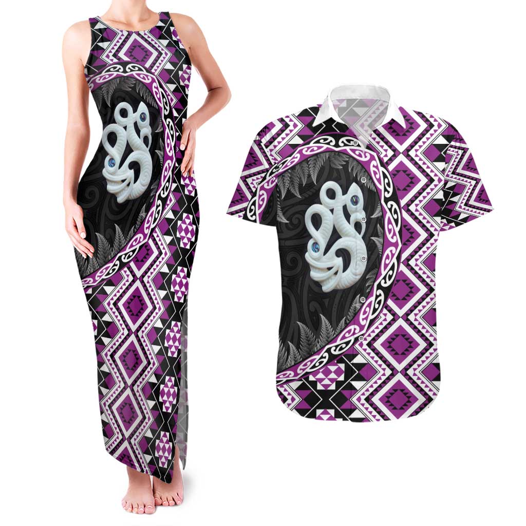 Purple Taniko Motif Aotearoa Manaia and Silver Fern Couples Matching Tank Maxi Dress and Hawaiian Shirt LT03 Purple - Polynesian Pride